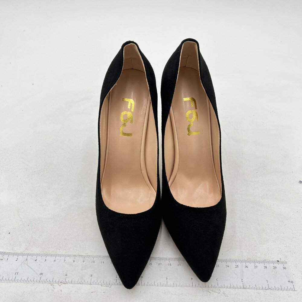 FSJ Black Bridal Pointed Toe Chunky High Heel Crystal Pumps Slip on Wedding Shoe - Picture 3 of 8